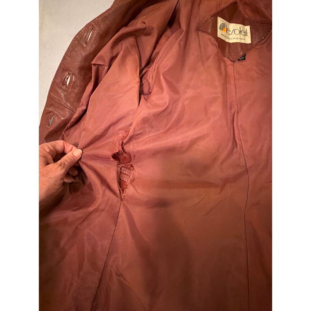 Vintage 70s Le Soleil Genuine Leather Jacket 7/8 Brown Belted Safari Coat - Picture 10 of 14